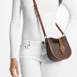 Michael Kors Gabby Small Flapover Hobo Crossbody Bag Brown Logo NWT